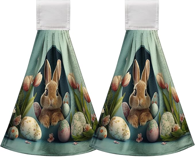 Easter Bunny Hanging Kitchen Towels 2 Pcs Easter Rabbit Eggshell Dish Tie Towels Spring Tulip Flowers Hand Towel with Hanging Loop for Bathroom Soft Home Kitchen Decor