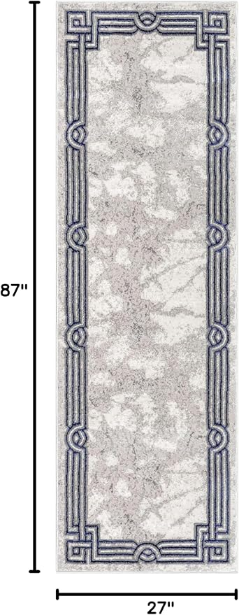 Well Woven Lezlee Abstract Modern 2'3" x 7'3" Runner Rug - Blue Marble Border - for Hallway, Entryway, Kitchen