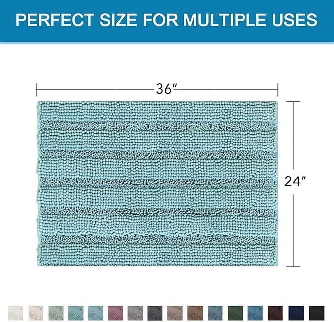 H.VERSAILTEX Bath Mats for Bathroom Non Slip Extra Thick Chenille Striped Bath Rug 24" x 36" Absorbent Non Skid Fluffy Soft Shaggy Rugs Washable Plush Mats for Indoor, Bath Room, Tub - Aqua Haze