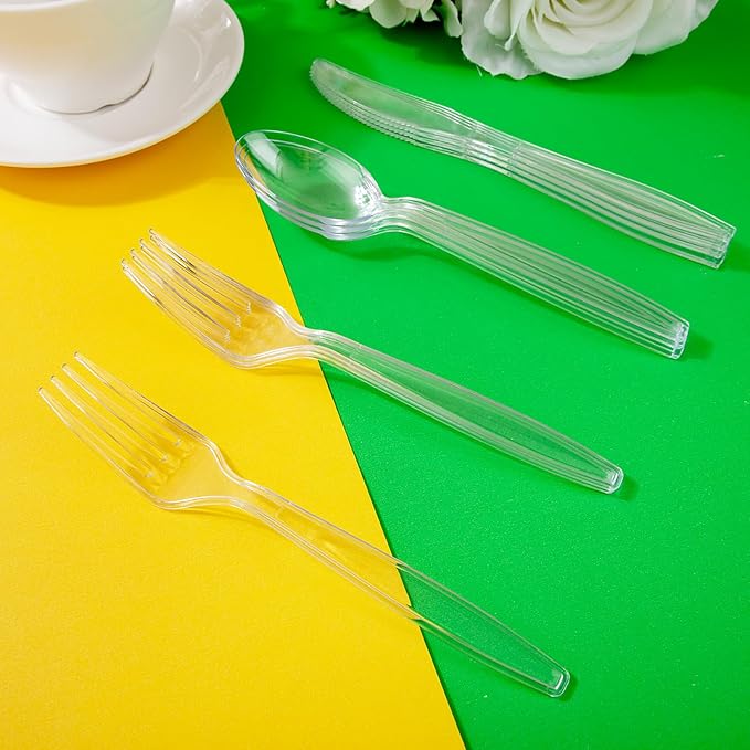 Liacere 360PCS Heavy Duty Clear Plastic Silverware, 150 Forks, 150 Spoons, 60 Knives, BPA-Free, Heat Resistant, Disposable Plastic Utensils Set, Plastic Cutlery Set, Plasticware Bulk for Party