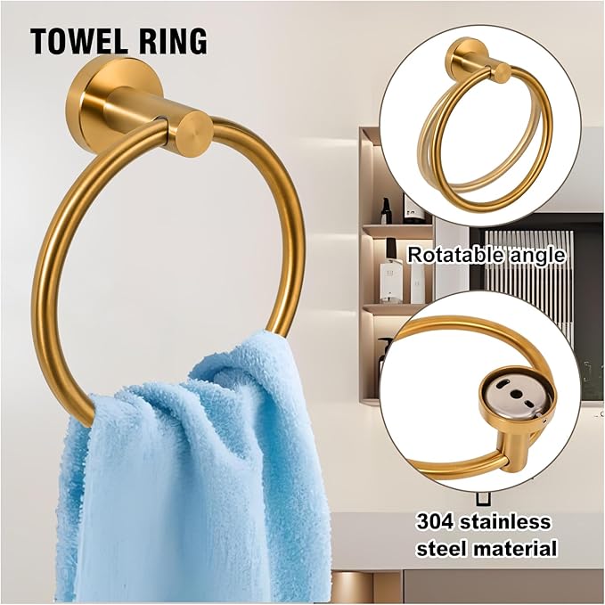 5-Piece Towel Racks for Bathroom, Stainless Steel Bathroom Accessories Set, Bathroom Towel Holder Wall Mounted, Sturdy Bath Towel Bar Set Bathroom Hardware Set (Brushed Gold)