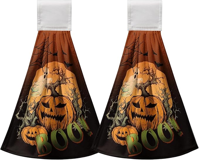 Halloween Boo Hanging Dish Towels Pumpkin Ghost Spooky Hand Towels with Hanging Loop Scary Moon Night Hanging Kitchen Towel Soft Absorbent Tea Towel for Halloween Home Bathroom Decor 2 Pcs