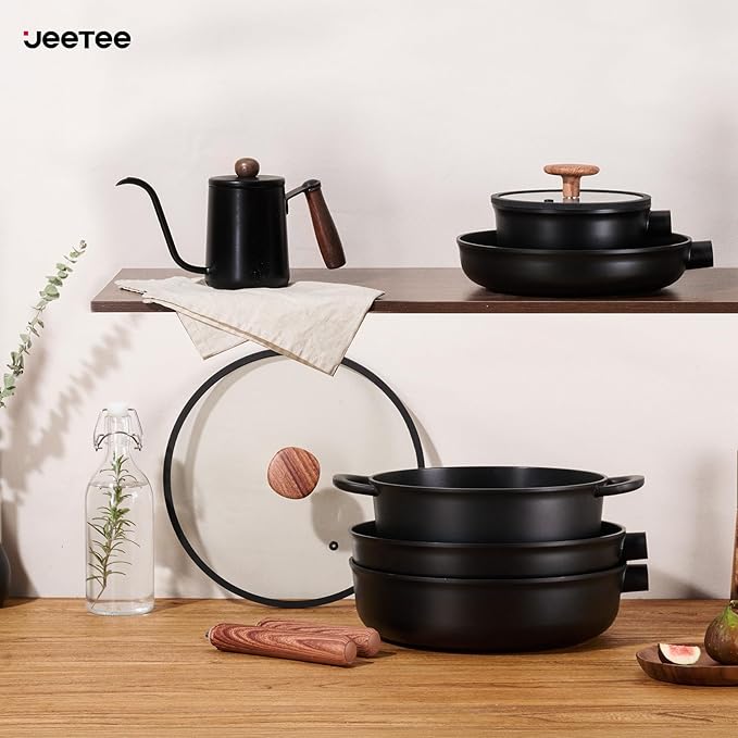 JEETEE Ceramic Cookware Set, 15 PCS Pots and Pans Set Non Stick with Removable Handles, Non Toxic Induction Kitchen Cookware Sets, Dishwasher/Oven Safe PFAS/PFOA Free Black