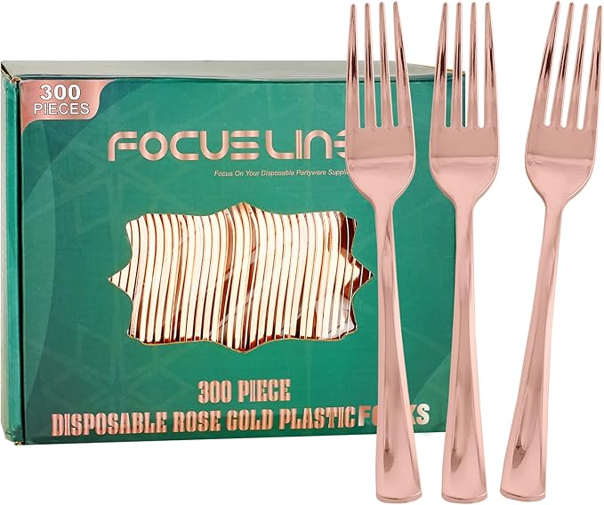 FOCUSLINE 300 Pack Disposable Rose Gold Plastic Forks, Solid and Durable Plastic Cutlery Forks, Heavy Duty Disposable Utensil Silverware for Catering, Parties, Dinners, Weddings