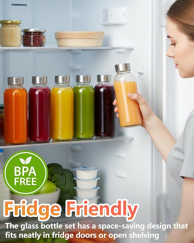 Zukro Glass Water Bottles with Lids & Straw 16 oz, 4 Pack Reusable Juice Bottles With Stainless Steel Cap for Juicing, Leak Proof Clear Smoothie Drinking Jars Beverages Containers, BPA Free