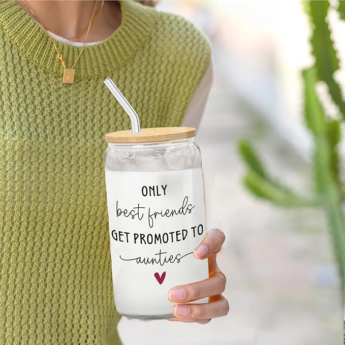 Only The Best Friends Get Promoted To Auntie Glass Cup,Pregnancy Announcement For Best Friend Coffee Can Glass With Lid And Straws 14oz,To Be Auntie Gift,Best New Aunt Gifts