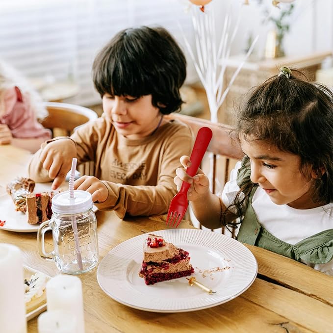 12 Pcs Kids Spoons and Forks Toddler Utensils Plastics Reusable Silverware Baby Cutlery Set Feeding Dinnerware Utensils BPA Free Microwave Dishwasher and Freezer Safe- Red