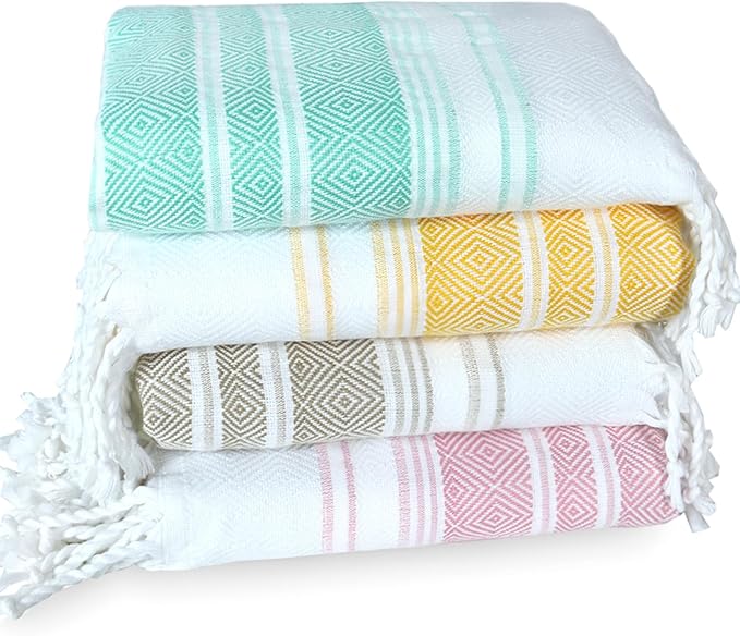 4 Pack Cotton Turkish Beach Towel Lightweight Thin Travel Vacation Essentials Oversized XL Towels Set for Pool Swim Bath Camping Cruise Accessories Must Haves Absorbent Quick Dry Sand Proof Gifts