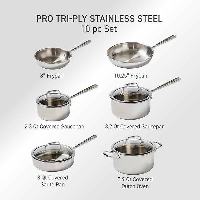 T-Fal Pro Tri-Ply Stainless Steel Cookware Set, 10 Piece-Induction Compatible, Oven Safe 500F, Lids-350F, Even Heat, Professional Quality, Durable, Induction Pots and Pans Set, Silver