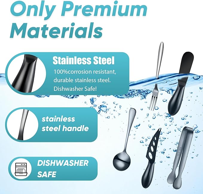 Patelai Charcuterie Board Accessories Cheese Spreader Knife Set Charcuterie Utensils Butter Knife Stainless Steel Mini Serving Tongs Spoons Appetizer Forks for Pastry Christmas(Black,18 Pieces)