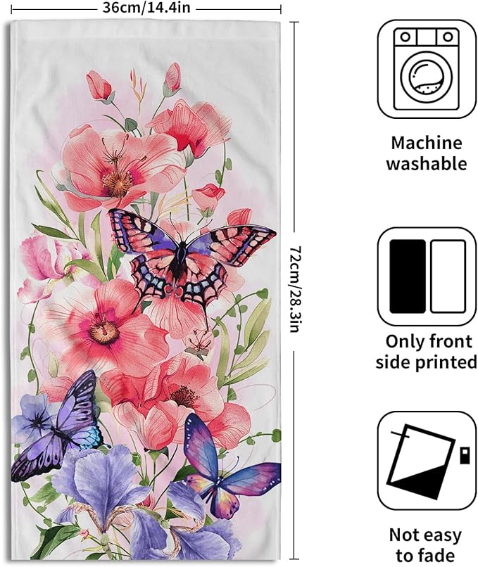 Imiss Pink Flowers Kitchen Dish Hand Towels 14.4 x 28.3 Inch Pink Purple Butterfly Green Leaves Small Bath Guest Towel for Bathroom Hotel Gym Spa