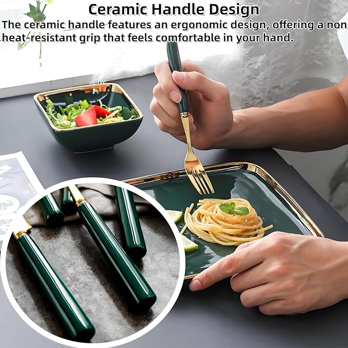 18-Piece Gold Silverware Set with Elegant Emerald Ceramic Handle,Premium Stainless Steel Flatware Set Service for 6,Mirror Polished Dishwasher Safe Luxury Cutlery Set for Home Restaurant