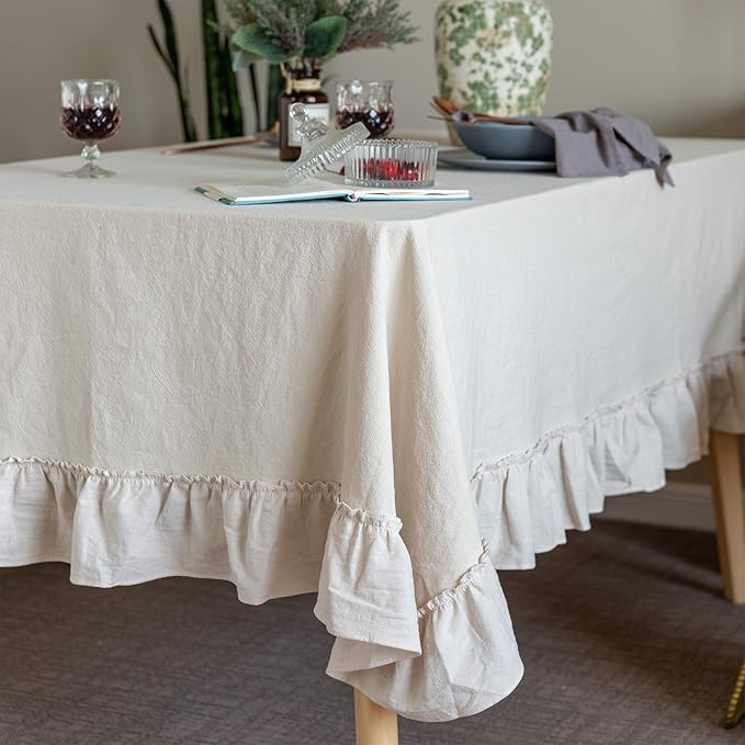 Retro Farmhouse Ruffle Tablecloth Cotton Flounces Trim Washable Table Cover Tablecloths for Rectangle Table Baby Shower Kitchen Party Wedding Decor,60''x120''