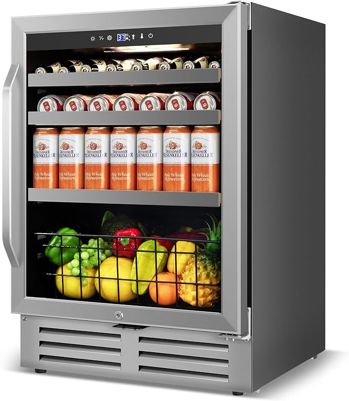 24" Beverage Refrigerator Undercounter | 180 Can Capacity | Built-In Undercounter Cooler | Glass Door for Soda, Water, Beer | Home, Bar, or Office Use