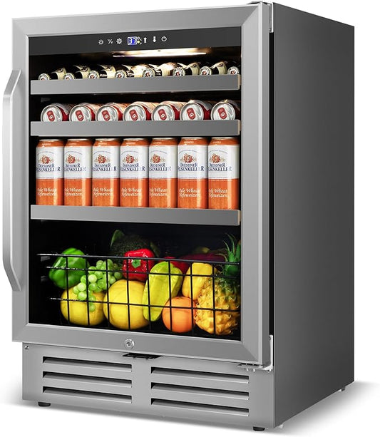 24" Beverage Refrigerator Undercounter | 180 Can Capacity | Built-In Undercounter Cooler | Glass Door for Soda, Water, Beer | Home, Bar, or Office Use