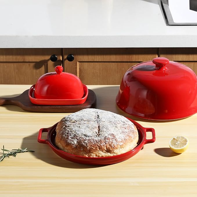 Sweejar Ceramic Bread Oven with Lid, Large Sourdough Bread Baking Pan with Handle, 5QT Porcelain Round Bread Cloche For Baking, Cooking, Roasting (Red)