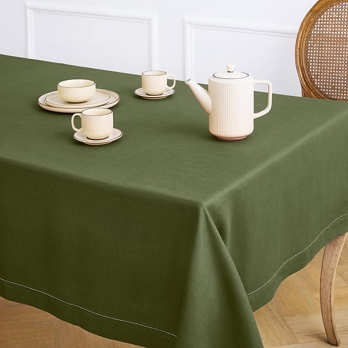 Solino Home Olive Linen Tablecloth 60 x 120 Inch - 100% Pure Linen Hemstitch Table Cloth for Rectangle Tables - Classic Hemstitch, Machine Washable Tablecloth