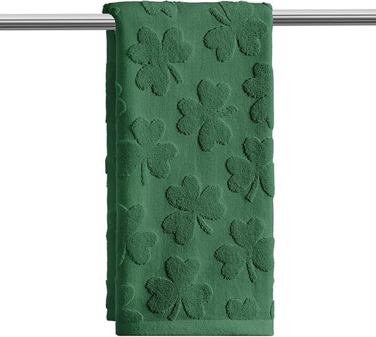 Artoid Mode 1 Pc Dark Green 3D Shamrock Jacquard Patrick Hand Towels for Bathroom, 100% Cotton Soft Absorbent Bathroom Decor Towels, 13.7 x 29.5 Inch