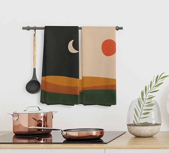 Abstract Boho Sun Moon Mountain Lake Landscape Kitchen Towels and Dishcloths Sets of 2,Boho Absorbent Drying Cloth Hand Towels Tea Towels for Bathroom Kitchen,Boho Gifts for Women Girls,16×24 inches