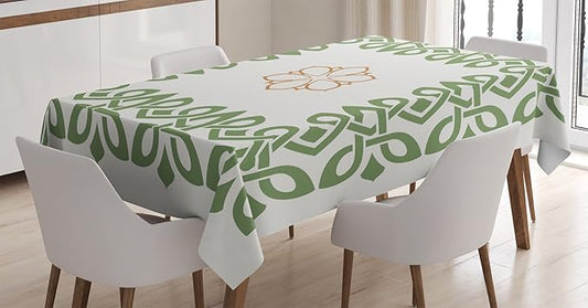 Ambesonne Celtic Tablecloth, Nostalgic Celtic Art Inspired Square Shape Frame Print with a Flower in The Centre, Rectangular Table Cover for Dining Room Kitchen Decor, 52" X 70", Beige Green