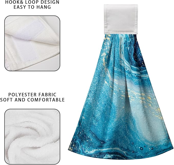 Blue Marble Hanging Hand Towels Set of 2 Summer Ocean Kitchen Towel with Loop Blue Sea Decorative Bathroom Tie Towels Soft Lightweight Dish Towel for Kitchen Home Washroom Decor 17 * 12 Inch