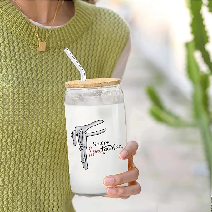 Midwife Doctor Nurse Gifts Iced Coffee Glass Cup, You're Spec-Tacular Glass Cup with Lids and Straws 14oz, Midwife Thank You Gifts Coffee Tumbler Drinking Jars with Cleaning Brush