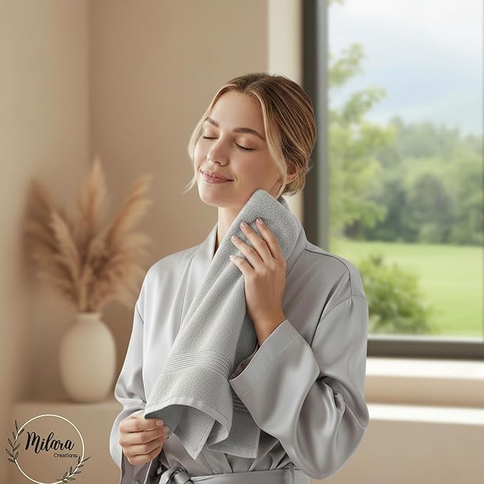 Milara Turkish Super-Plush Bathroom Hand Towels Set 2-Piece | Premium Cotton Hand Towels Set Absorbent, Durable with Hanging Loops | Silver Gray Color Hand Towel, (16 x 30 Inches)