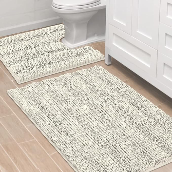 H.VERSAILTEX Bathroom Rugs Bath Rug Set 2 Piece Bathroom Contour Rug Toilet Mat Sets Non Slip Contour Bath Rug Ultra Thick Water Absorbent Striped Bath Mats Washable(36" x 24" Plus 20" x 24" U, Cream)