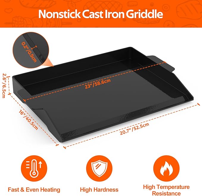 Onlyfire Universal Enamelled Cast Iron Cooking Griddle, Nonstick Coating Griddle Flat Top Grill Plate with extra high sidewalls for All Gas Grills and 4 Burner Range Oven, 23" x 16"