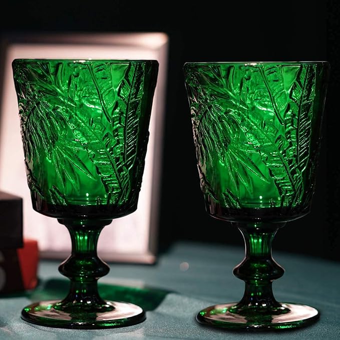 Jomop Handmade Pressed Colored Stemmed Wine Glasses Set Green Set of 4 Retro Christmas Vintage Glassware (4, Wine Goblet)