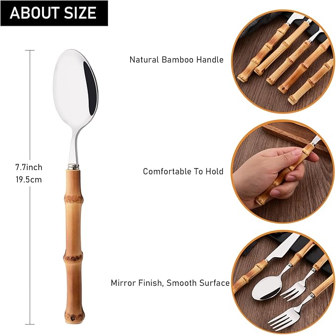 8-Piece Bamboo Handle Dinner Spoon Set, Stainless Steel Spoons for Kitchen Home and Restaurant, Mirror Polished, 8.03 inch