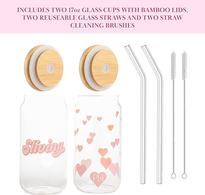 Paris Hilton Glass Tumblers Set with Iconic Decals, Includes Bamboo Lids, Reusable Glass Straws and Cleaning Brushes, Perfect for Iced Coffee, Water, and Cocktails, 2-Piece Set, 17-Ounce