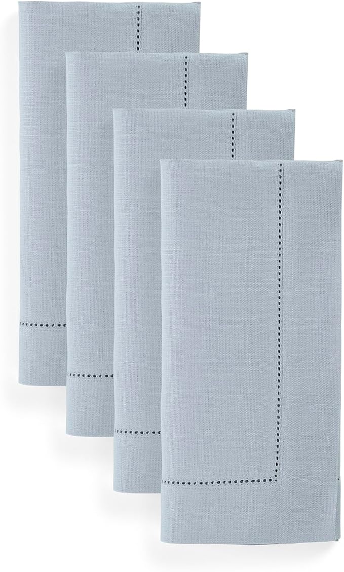Solino Home Dusty Blue Linen Napkins Set of 4-100% Pure Linen Hemstitch Dinner Napkins 20 x 20 Inch for Winter - Classic Hemstitch
