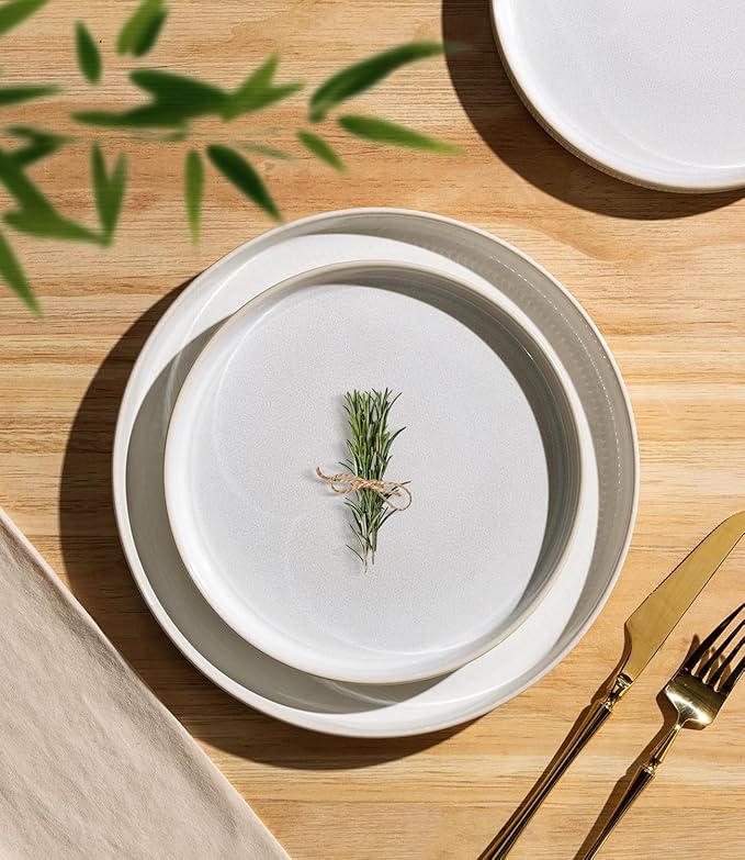 TheTerra Ceramic Dinnerware Sets with Pasta Bowls for 4, 16 Pieces Porcelain Lightweight Plates and Bowls Sets, Scratch Resistant Dish Set, Oven & Microwave & Dishwasher Safe, Reactive White