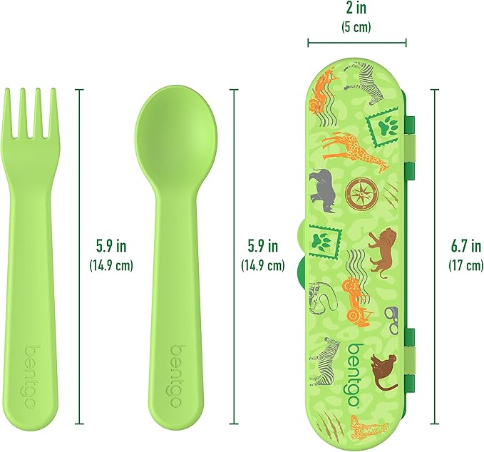 Bentgo Kids Utensil Set - Reusable Plastic Fork, Spoon & Storage Case - BPA-Free Materials, Easy-Grip Handles, Dishwasher Safe - Ideal for School Lunch, Travel, & Outdoors (Safari)
