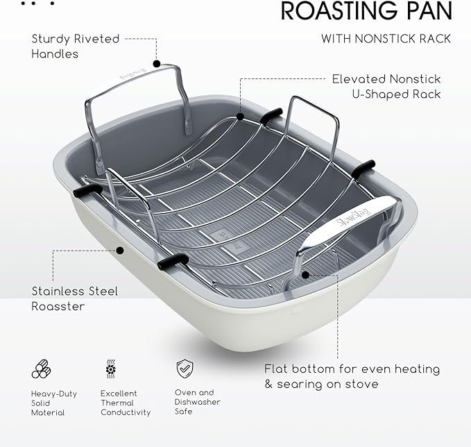 Nonstick Turkey Roasting Pan with Rack, 17 x 13 Inch Turkey Pan, large roaster pan for Meat & Vegetable, White