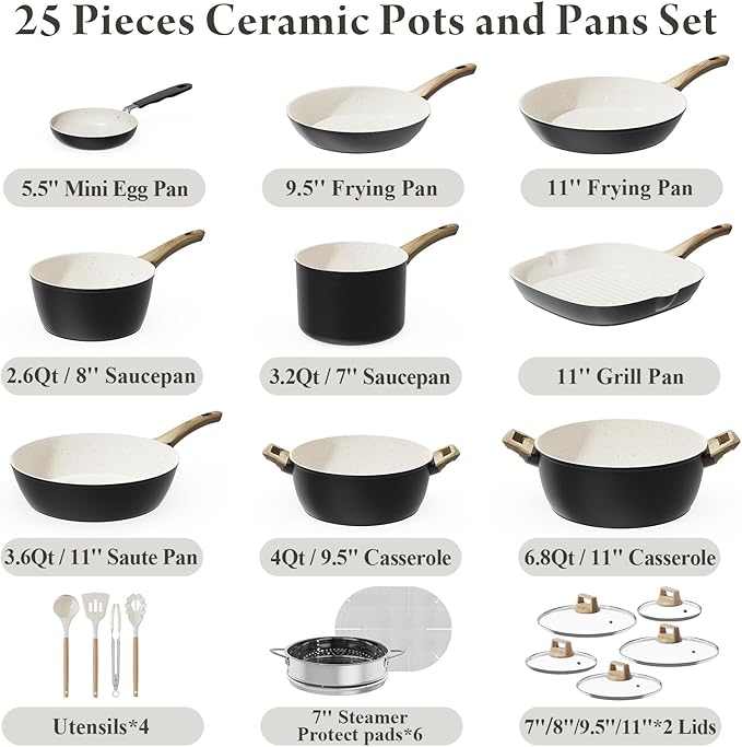 25-PC Pots and Pans Set Non Stick Ceramic Cookware Set, Healthy Non Toxic Kitchen Cookware Sets with Large Capacity, Induction Compatible, PFAS/PTFE/PFOA/PFOS Free, Black/White