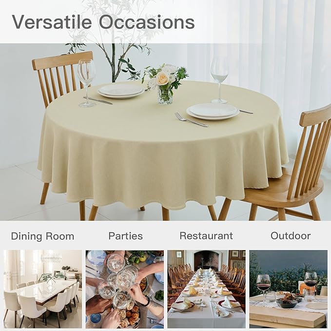 maxmill Round Linen Textured Tablecloth Spill-Proof Stainproof Wrinkle Free Washable Fabric Table Cloth for Circular Table Cover, Dining Room Buffet Banquet Parties Holiday Dinner, 70 Inch Beige