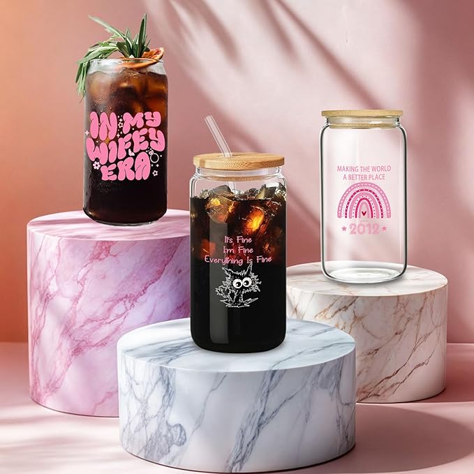 Pink Glass Tumbler Set with Straw, Cleaning Brush in Gift Box - Ideal Aesthetic Coffee Bar, Funny Cat Glass Cup Gifts-It's Fine I'm Fine - Present for Women Friends-16 Oz