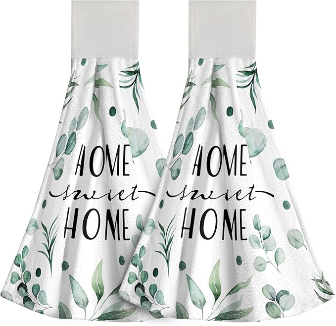 Giwawa Home Sweet Home Hanging Kitchen Towels Green Leaves Hand Tie Towel Set of 2 Fast Drying Dish Tea Towels for Bathroom Toilet Gym Decor