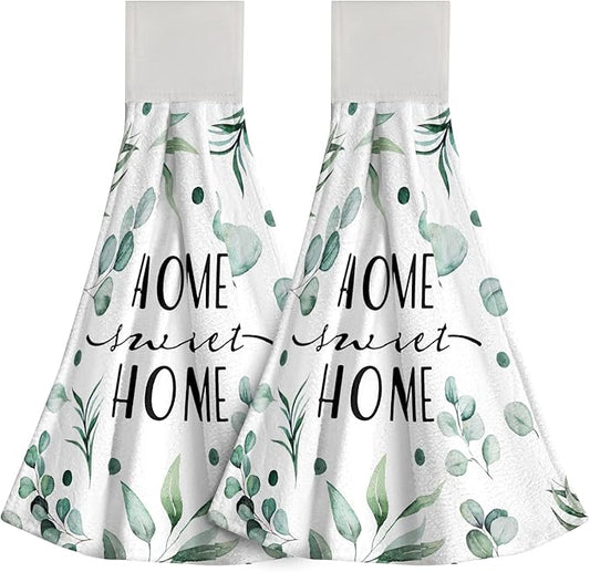 Giwawa Home Sweet Home Hanging Kitchen Towels Green Leaves Hand Tie Towel Set of 2 Fast Drying Dish Tea Towels for Bathroom Toilet Gym Decor