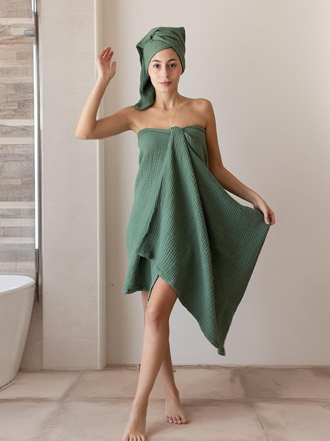 4 Pieces Muslin Towel Set for Bathroom, Luxury 100% Turkish Cotton Thin Soft Quick-Dry Lint-Free Large Size Bath Hand Towel Sets (Green, 2 Bath & 2 Hand Towel Set)