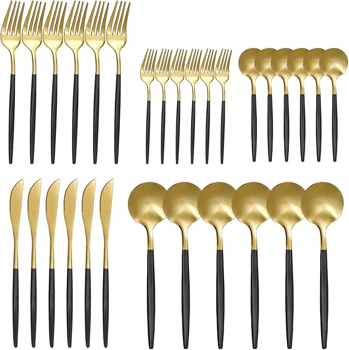 30 Piece Matte Black Gold Silverware Set, Flatware Set for 6, Forks Spoons Set, Food-Grade Stainless Steel Cutlery Set (Gold/Black)
