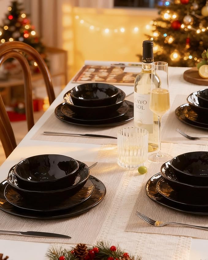 Famiware Porcelain kitchen plates and bowls set, Modern dishes set for 4, Handmade Wave Edge Dinnerware Sets, Microwave and Dishwasher Safe Tableware, Glossy-black (16pc)