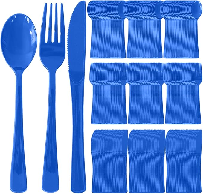 300 Pack Disposable Plastic Silverware, Heavy Duty Blue Plastic Cutlery Set Includes 100 Forks 100 Knives 100 Spoons for Birthday Wedding Party Picnics (300, Blue)