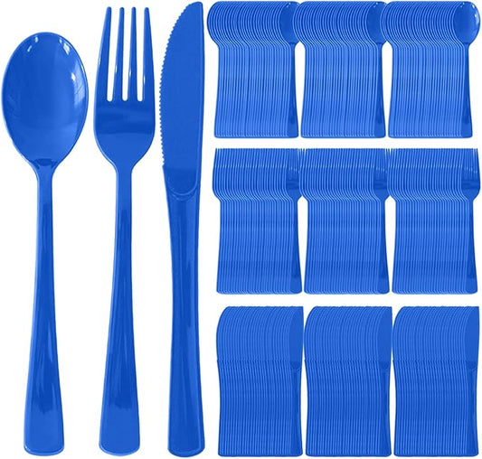 300 Pack Disposable Plastic Silverware, Heavy Duty Blue Plastic Cutlery Set Includes 100 Forks 100 Knives 100 Spoons for Birthday Wedding Party Picnics (300, Blue)