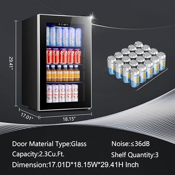 Antarctic Star Beverage Refrigerator Cooler ETL Approved - 95 Can Mini Fridge Glass Door for Soda Beer Wine, 32-61℉, Quiet Compressor, Removable Shelves for Home, Office or Bar, 2.3 cu.ft