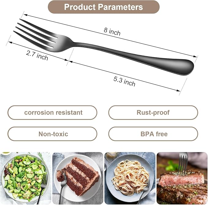 Black forks Food-Grade stainless steel dinner forks 24pcs Dishwasher Safe kitchen forks metal 8inch silverware
