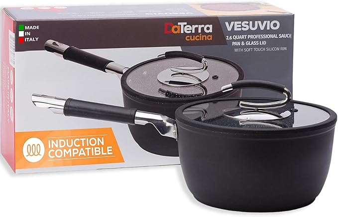 DaTerra Cucina - 2.6 Qt Nonstick Ceramic Saucepan with Lid – Induction Compatible Cooking Pot, Nonstick Ceramic Sauce Pan for Soup, Pasta, Milk, and More, Medium Size for Kitchen, Oven Safe