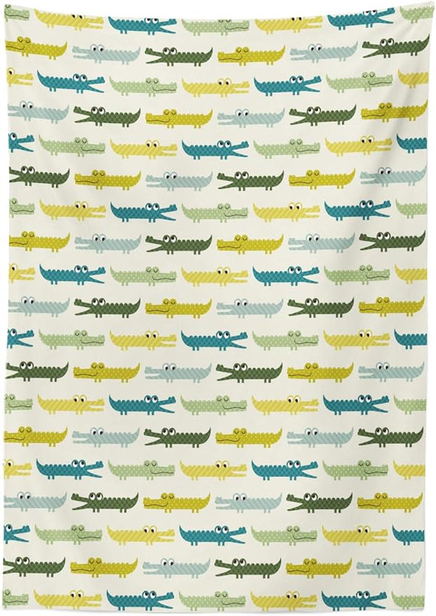 Ambesonne Animal Tablecloth, Colorful Cartoon Style Crocodiles Funny Cheerful Animals Graphic, Rectangular Table Cover for Dining Room Kitchen Decor, 60" X 90", Yellow Green